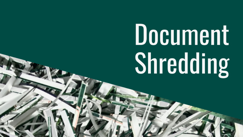 Photo of shredded paper with text saying "Document Shredding"