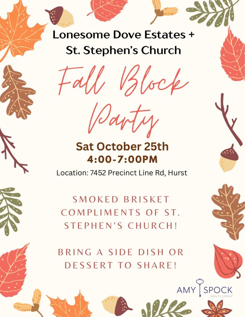 A graphic decorated with leaves and listing the event information already in the body of the blog post. Includes the logo for Amy Spock Realty Group, connected with Lonesome Dove Estates.